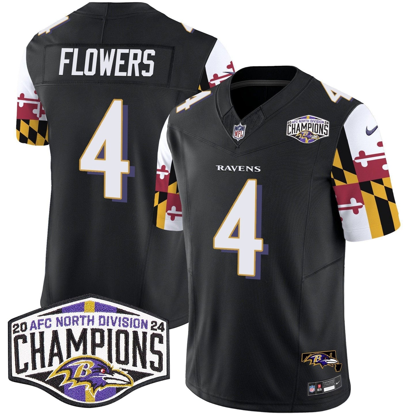 Ravens Maryland Flag 2024 AFC North Division Champions Patch Vapor Limited Jersey - All Stitched