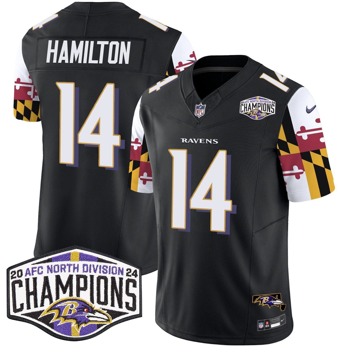 Ravens Maryland Flag 2024 AFC North Division Champions Patch Vapor Limited Jersey - All Stitched