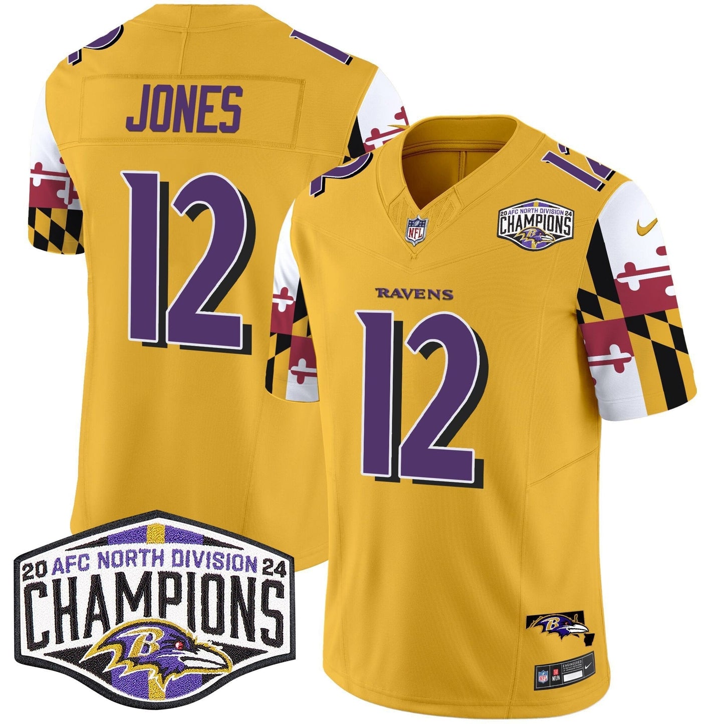Ravens Maryland Flag 2024 AFC North Division Champions Patch Vapor Limited Jersey - All Stitched