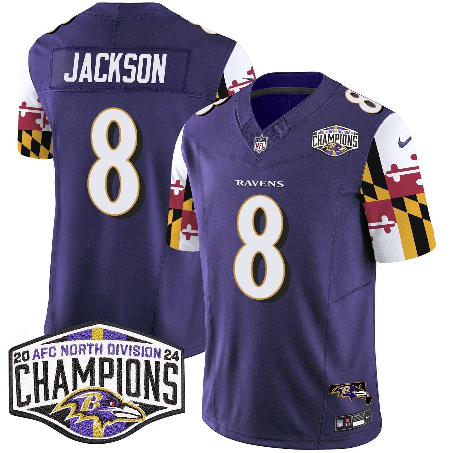 Ravens Maryland Flag 2024 AFC North Division Champions Patch Vapor Limited Jersey - All Stitched