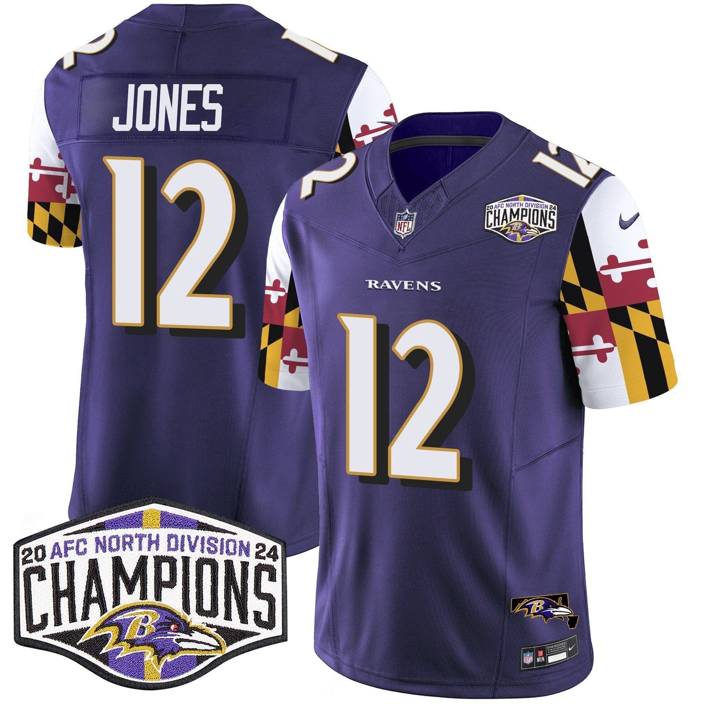 Ravens Maryland Flag 2024 AFC North Division Champions Patch Vapor Limited Jersey - All Stitched