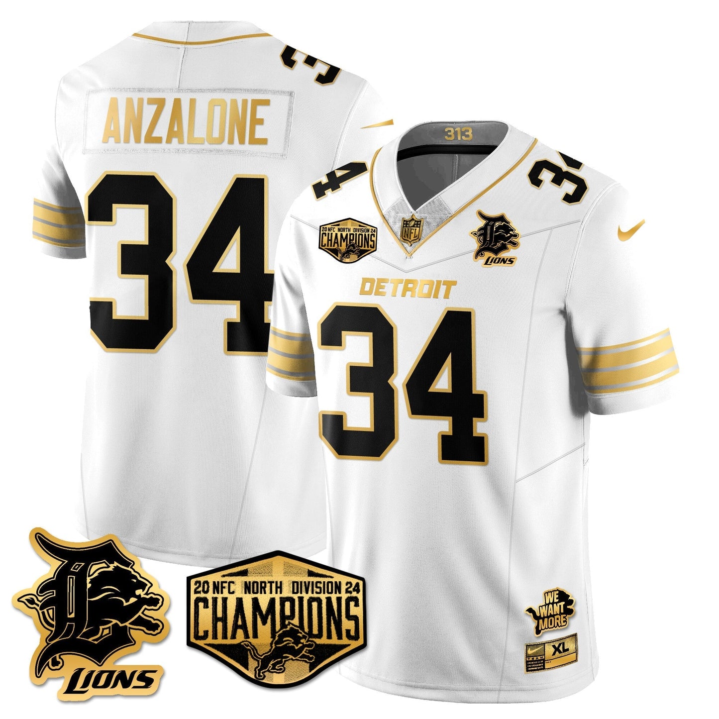 Detroit Lions 2024 NFC North Champions Gold Jersey - All Stitched
