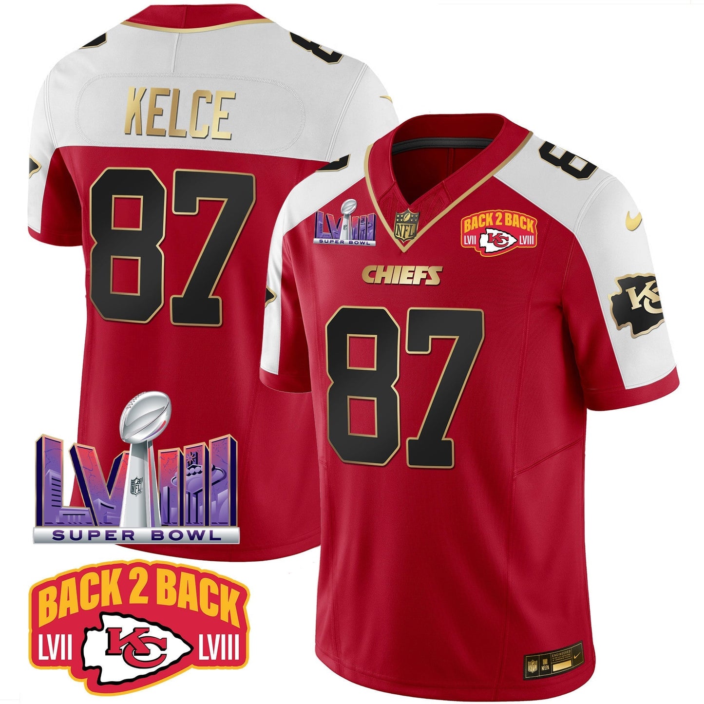 Chiefs Super Bowl LVIII & Back 2 Back Patch Vapor Jersey - All Stitched