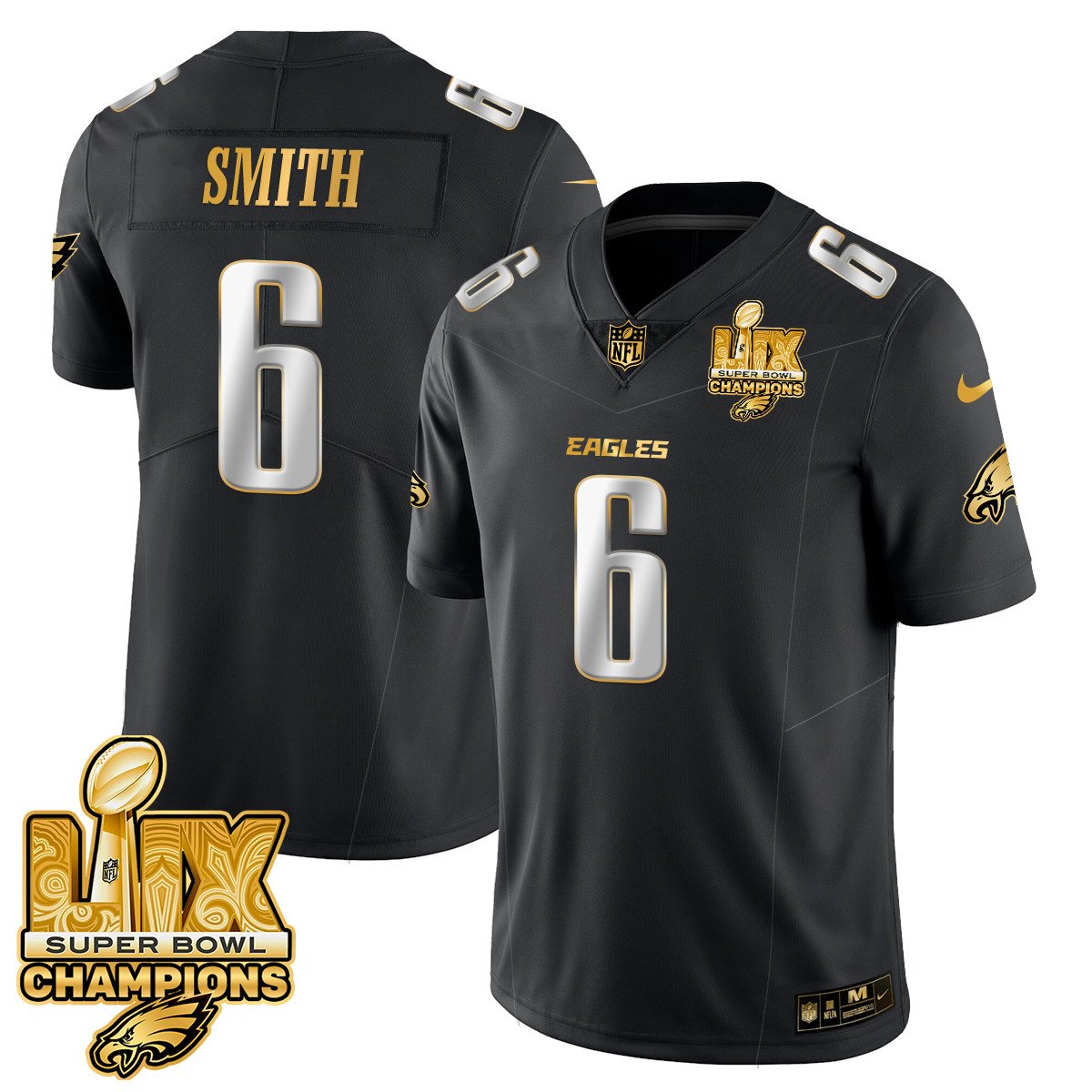 Philadelphia Eagles Super Bowl LIX Champions Gold Trim Vapor Limited Jersey - All Stitched
