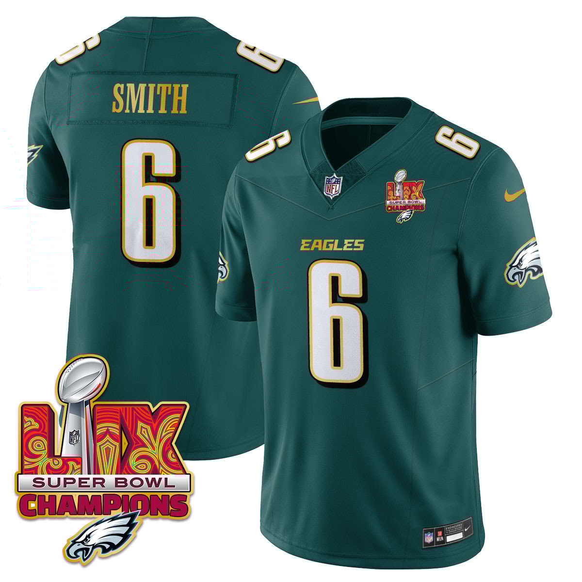 Philadelphia Eagles Super Bowl LIX Champions Gold Trim Vapor Limited Jersey - All Stitched