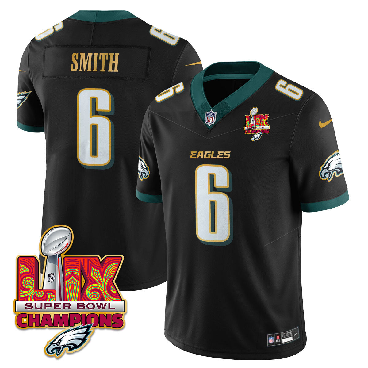 Philadelphia Eagles Super Bowl LIX Champions Gold Trim Vapor Limited Jersey - All Stitched