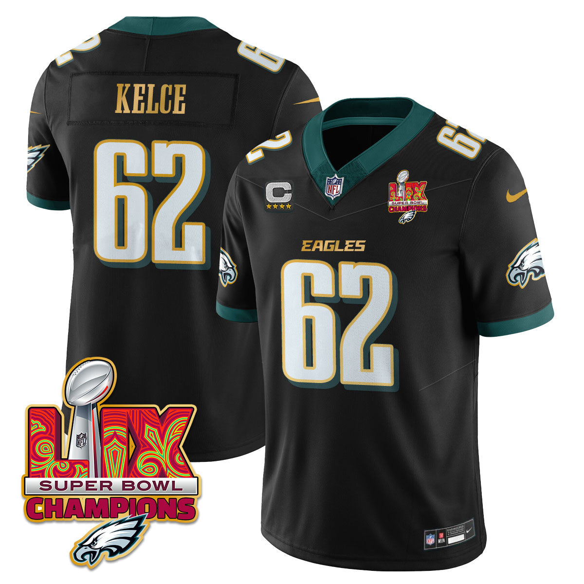 Philadelphia Eagles Super Bowl LIX Champions Gold Trim Vapor Limited Jersey - All Stitched