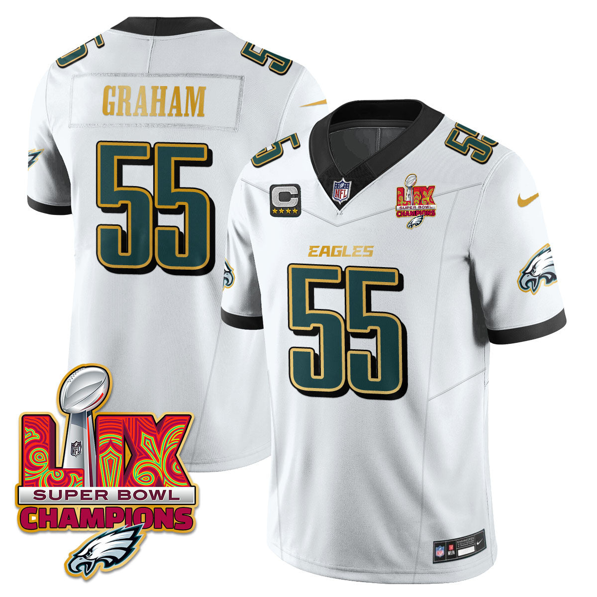 Philadelphia Eagles Super Bowl LIX Champions Gold Trim Vapor Limited Jersey - All Stitched