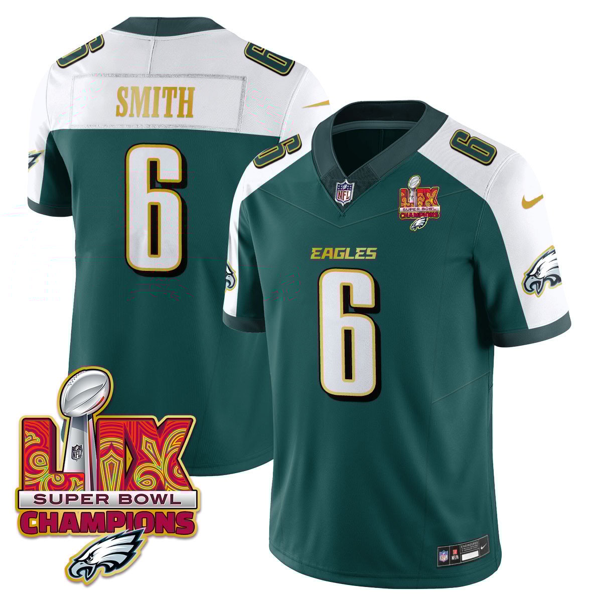 Philadelphia Eagles Super Bowl LIX Champions Gold Trim Vapor Limited Jersey - All Stitched